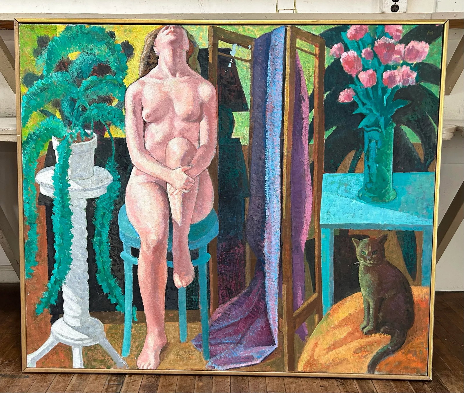 1990s Large Impressionist Oil Painting of Nude Woman and Cat by Robert Finch, Framed - 4