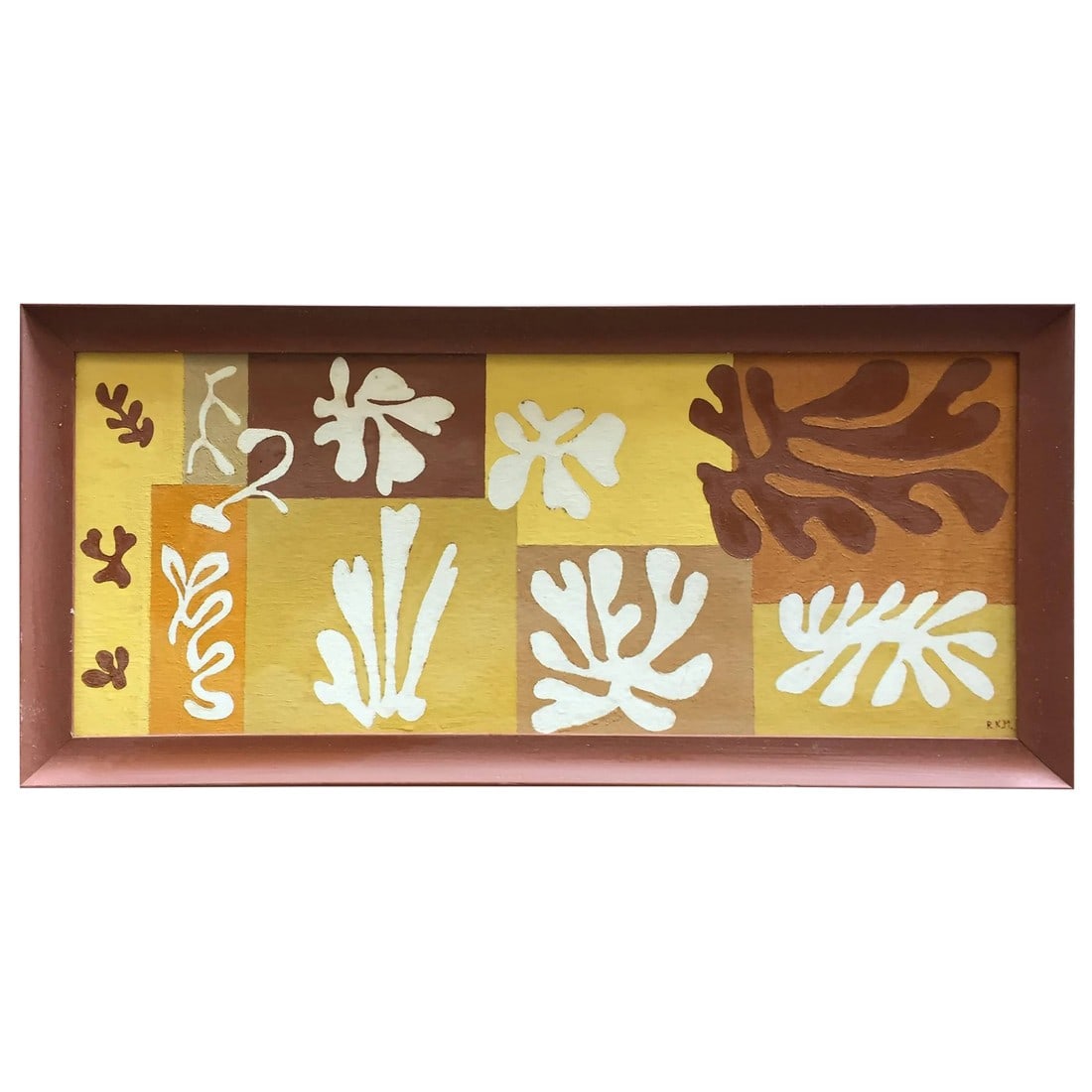 1950s Mid-Century Modern Leaf Acrylic Painting: Several paintings were purchased recently in Briarcliff Manor, NY by this particular artist, who signed their work, RKM. Clearly inspired by Matisse's cut-outs and collage technique. Acrylic paint on
