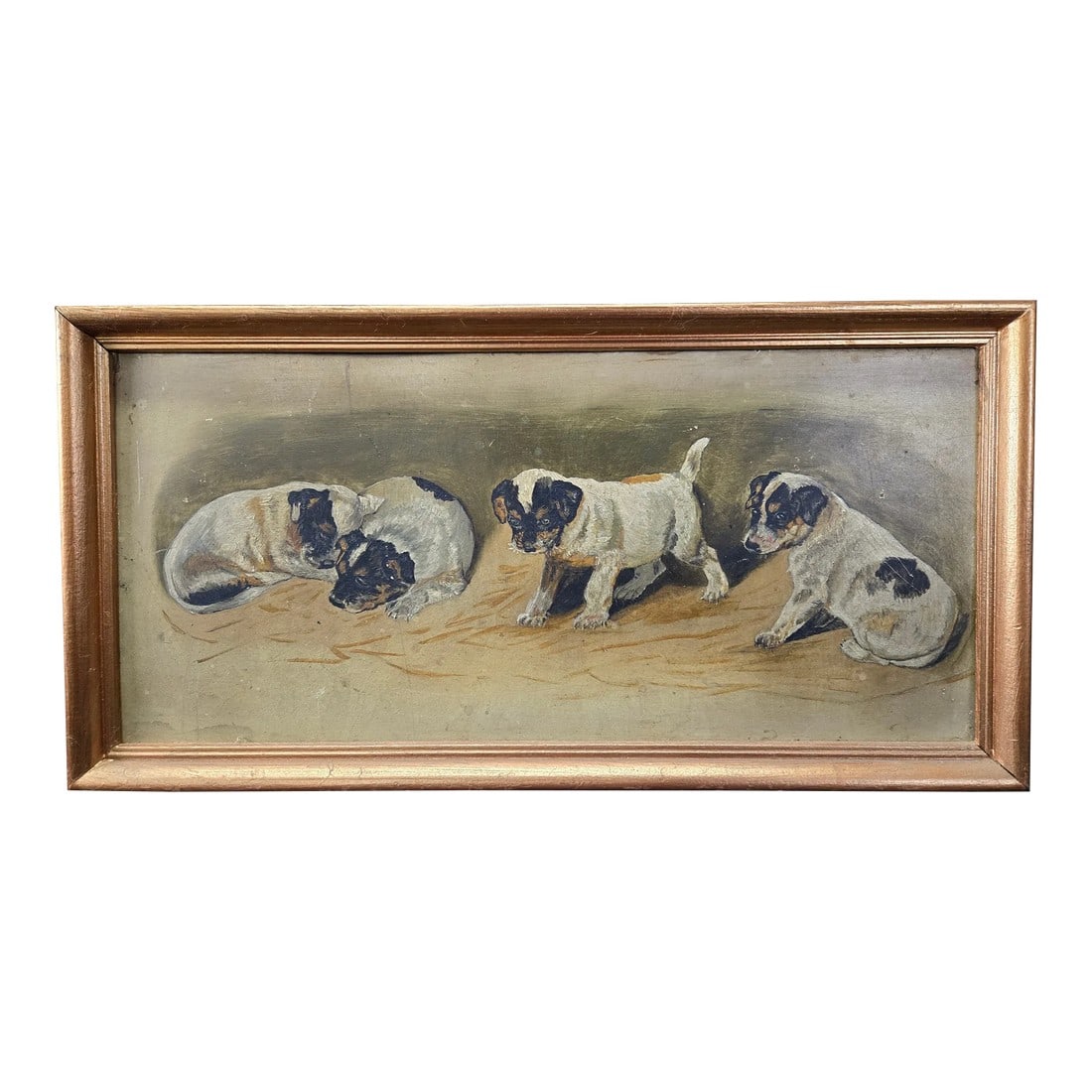 1950s Vintage Painting of Four Terrier Puppies, Framed: The cutest painting we've got! This vintage charmer shows a litter of four young pups, approximately 4 weeks old, each with a lovely black, tan, and white tricolor coat. While two snuggle together to