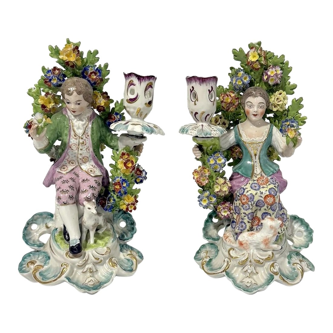 Pair of Late 18th Century Derby Bocage Candlesticks: Pair of Derby Bocage candlesticks in the form of a girl and boy with flowering branches. Marked. Condition: Alterations: Original Condition Unaltered Imperfections: Some Imperfections Condition