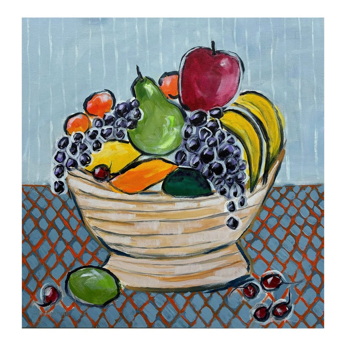 Fruit Bowl Original Contemporary Acrylic Still Life Painting by Linda McDonough: Fruit Bowl is an original, contemporary, acrylic painting on canvas. Two bananas, an apple, three clementines, a lemon, a mango, an avocado, a pear, two bunches of purple grapes, a lime, and cherries 
