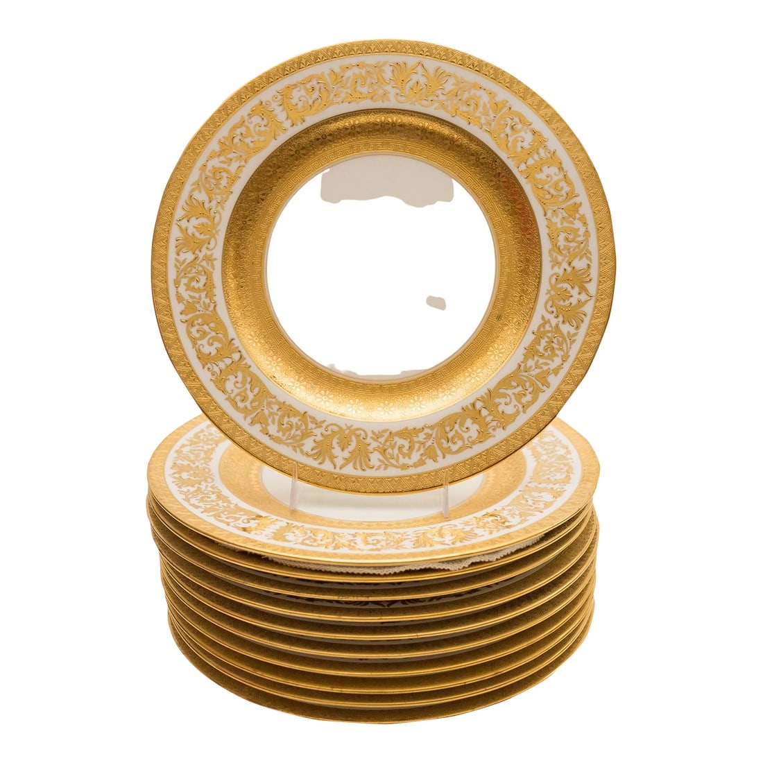 Gilt Encrusted Dinner Plates, Antique Custom Order with Wide Gold Banding - Set of 11: From one of the Gilded Age's finest porcelain manufacturers, Crown Staffordshire is this set of eleven dinner plates. They feature beautiful raised gilt work in their collars and an extra wide gold