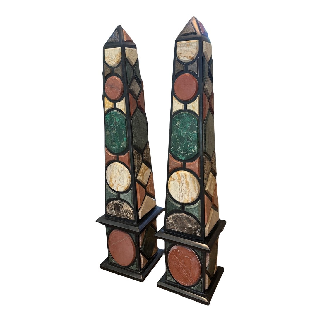 Grand Tour Specimen Marble Obelisks: Gorgeous pair of hand-crafted Italian Grand Tour specimen marble obelisks, circa 18th-19th century. Tall (41"H) and very heavy. Specimen marble artwork flourished during the Grand Tour Florence