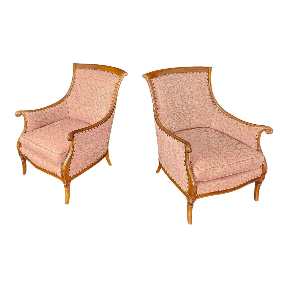 Pair of Traditional Club Chairs, Circa 1970s: Pair of vintage club chairs in good condition, wood is in original condition It's been refurbished looks good Fabric is original too ,color is light pink Circa 1970's Condition: Alterations: Original