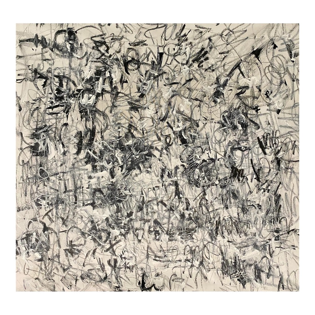Sarah Trundle, Contemporary Abstract Black and White Painting, "Soup to Nuts": Acrylic and graphite on un-stretched canvas. Stretches to approximately 46 x 47or any smaller dimensions thereof. Full canvas dimension measure 53" H x 58 W". Signed on the verso. Can be hung in any