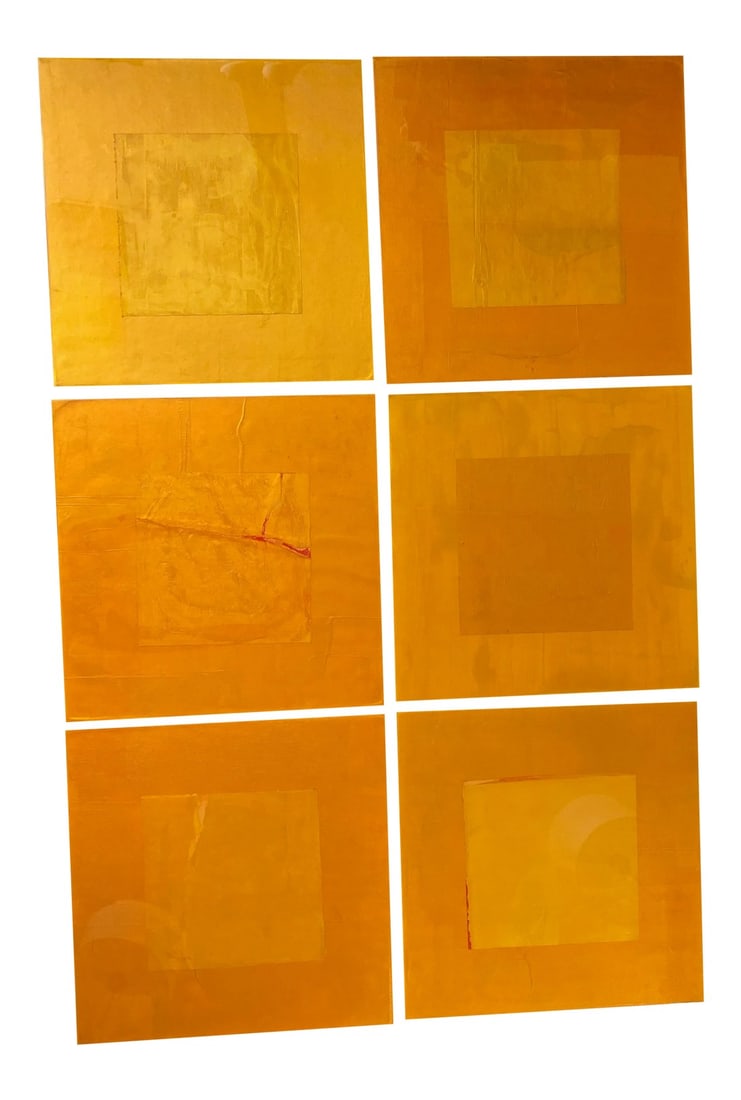 Original Orange Resin Paintings on Board by Varga, 2003 - Set of 6: Vibrant golden orange resin on board panels, set of six. Signed by artist Varga, 2003. Each panel measures 20.5" X 20.5" Condition: Alterations: Original Condition Unaltered Imperfections: Some