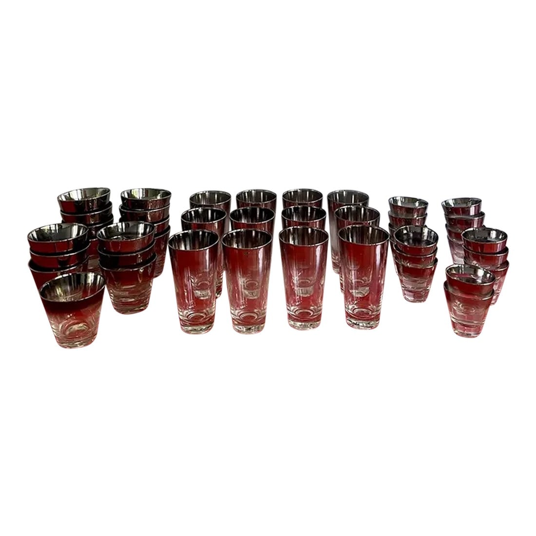 1960s Mercury Silver Fade Dorothy Thorpe Barware Set- 43 Pieces: PALM BEACH ESTATE FIND!! This is a HUGE LOT of true vintage Hollywood Regency style Mercury Silver Fade Dorothy Thorpe Barware. There are 43 Pieces in total including 3 sizes of glasses. You will