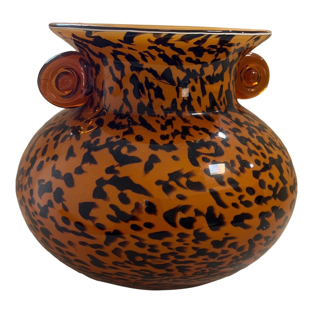 1980s Vintage Hand Blown Glass Vase With Curled Handles in Spotted Amber Leopard Print (1 of 10)