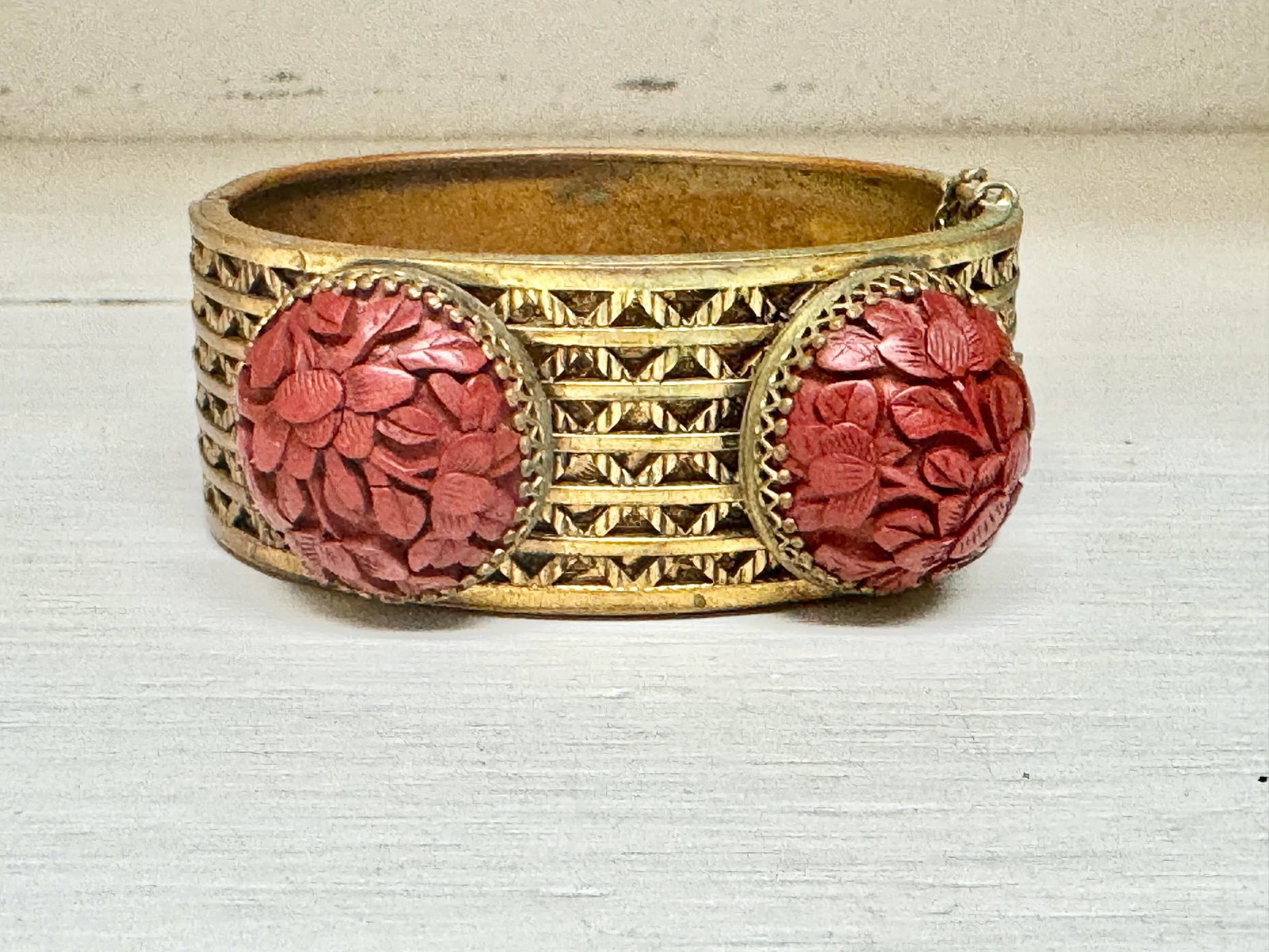 Antique Cinnabar and Brass Bracelet - 2