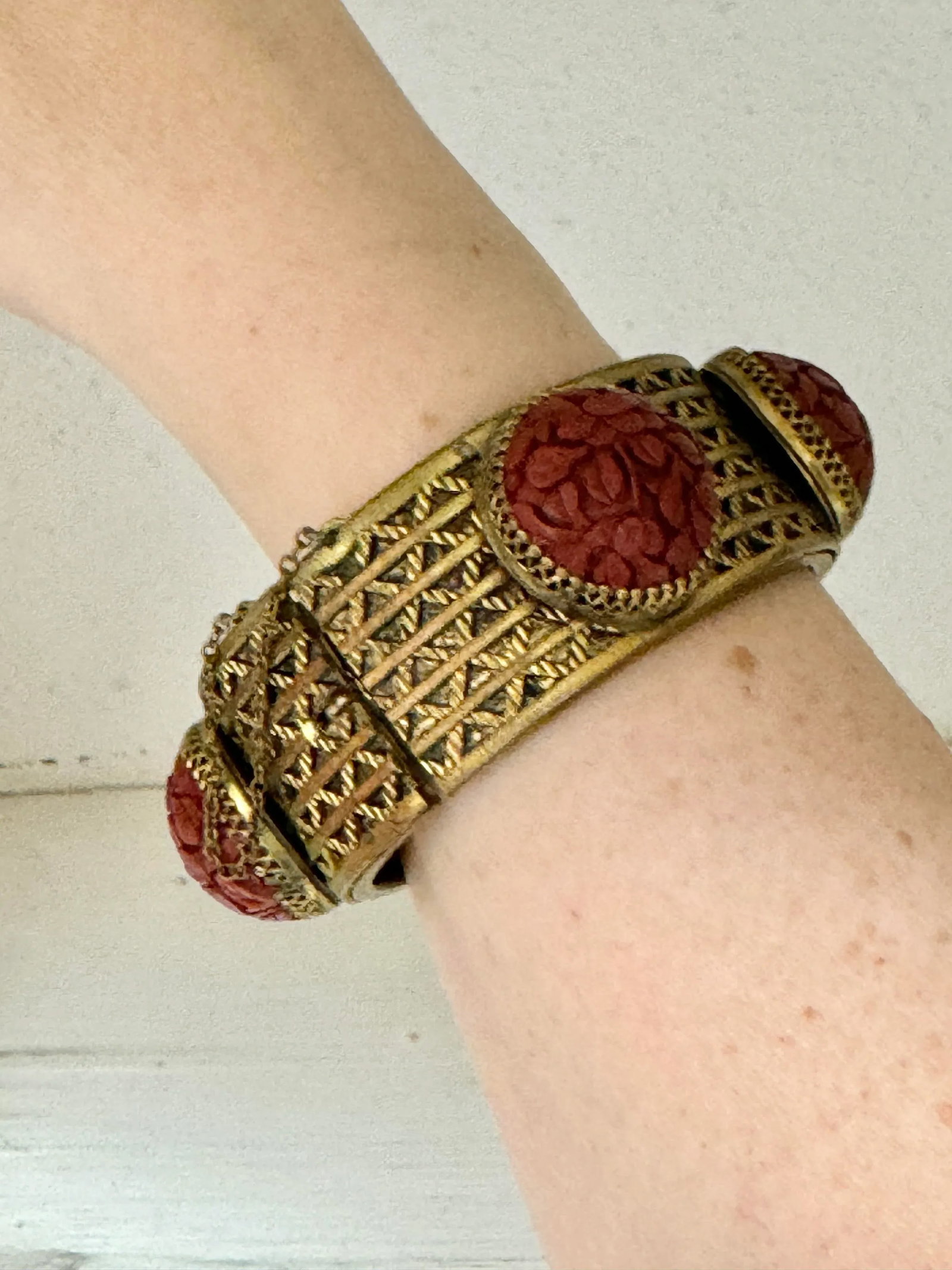 Antique Cinnabar and Brass Bracelet - 7