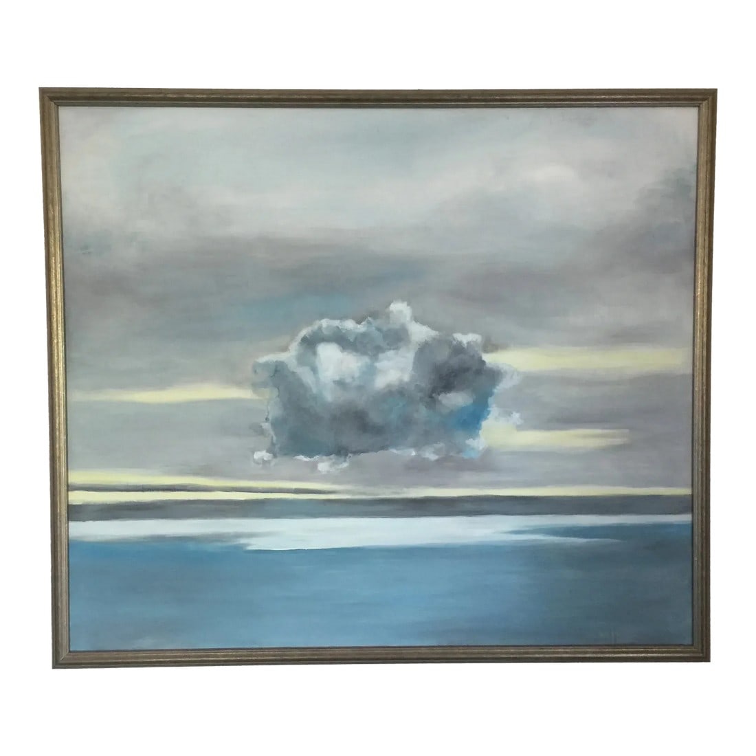 Dark Cloud, Original Painting by Natalie Mitchell, Framed: Dark Cloud Original Painting by Natalie Mitchell/Sette Design Dark storm cloud hovering above the sea of Cerulean Blue waters and stretching Grey sky, yellow light representing hope and perspective.