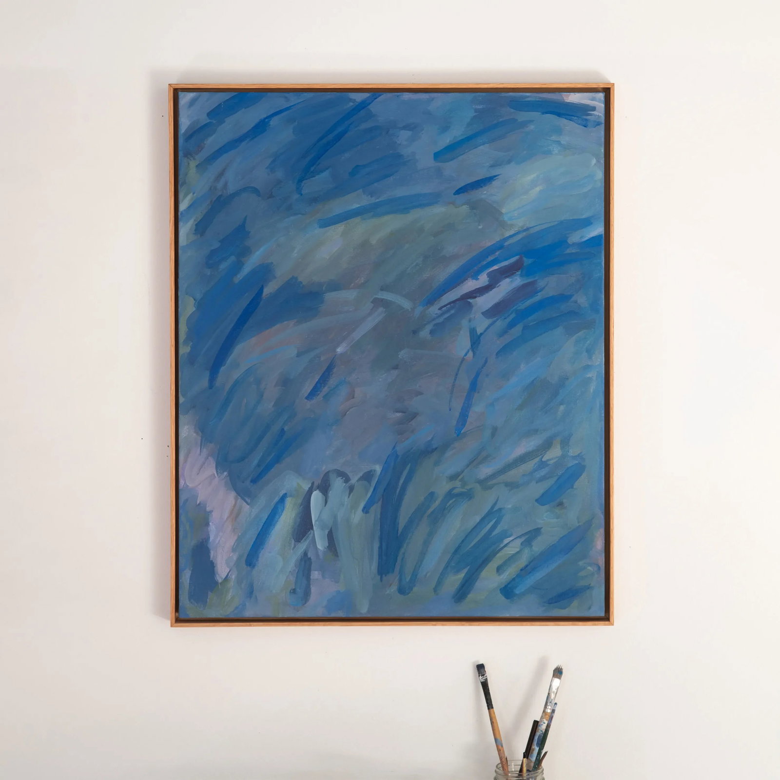 Blue Thunder Abstract Painting in Warm Wood Frame - 2