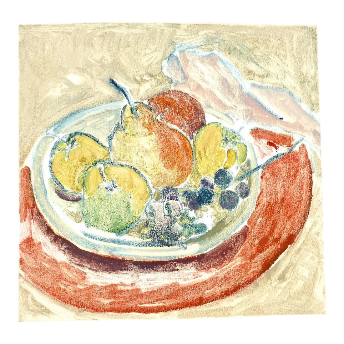 Fresh French Fruit, Monotype on Paper: FREE shipping: Kitchen series, the artists favorite place!!! Still life mono print on paper, Image 9"w x 8"H and the paper size is 15"x15". The artist is listed Made in France on French BFK rives