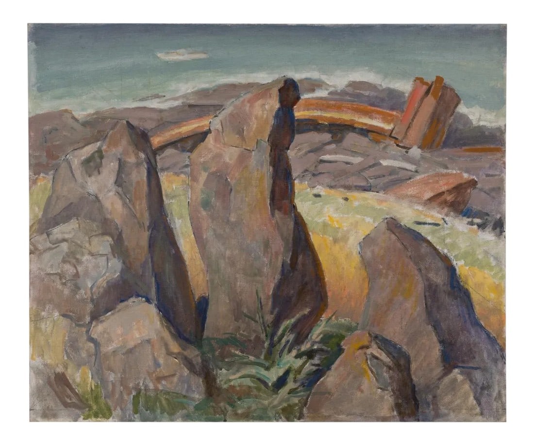 Brutalist Midcentury Painting Rocky Desert Landscape Seascape by Edmund Franklin Ward: Fantastic mid-century abstract rugged rocky landscape painting on artist board by New York artist Edmund Franklin Ward (1892-1990). Painting is in the classic Brutalist style and has a moody, almost