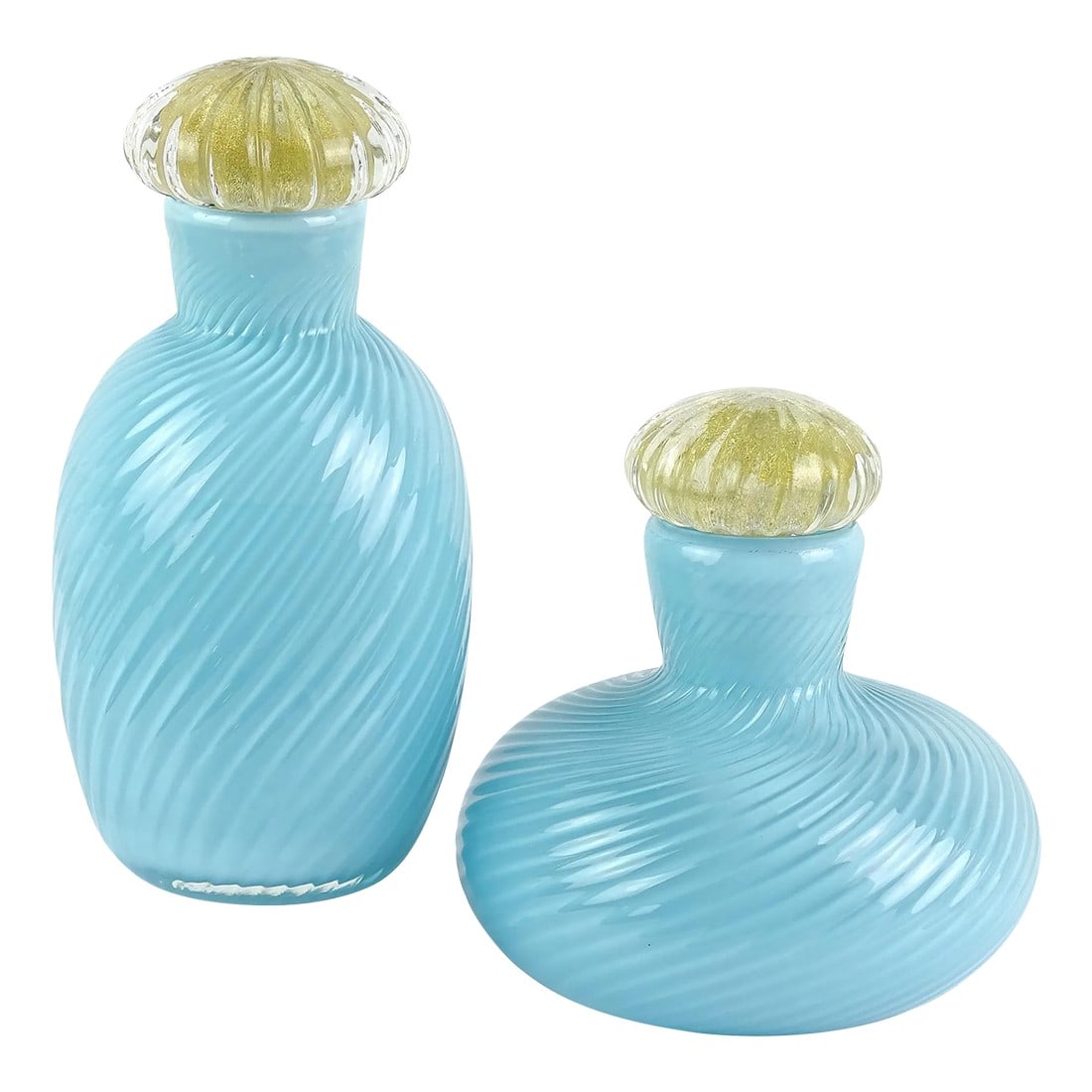 Murano Signed 1985 Vintage Sky Blue Gold Leaf Stoppers Italian Art Glass Vanity Dresser Bottles (1 of 5)