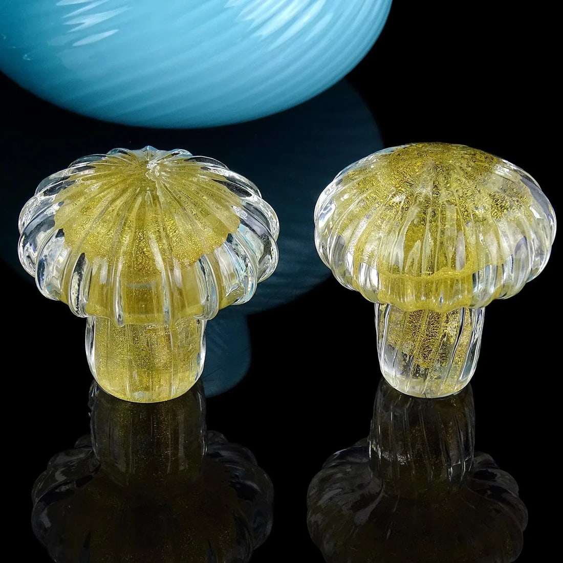 Murano Signed 1985 Vintage Sky Blue Gold Leaf Stoppers Italian Art Glass Vanity Dresser Bottles - 4