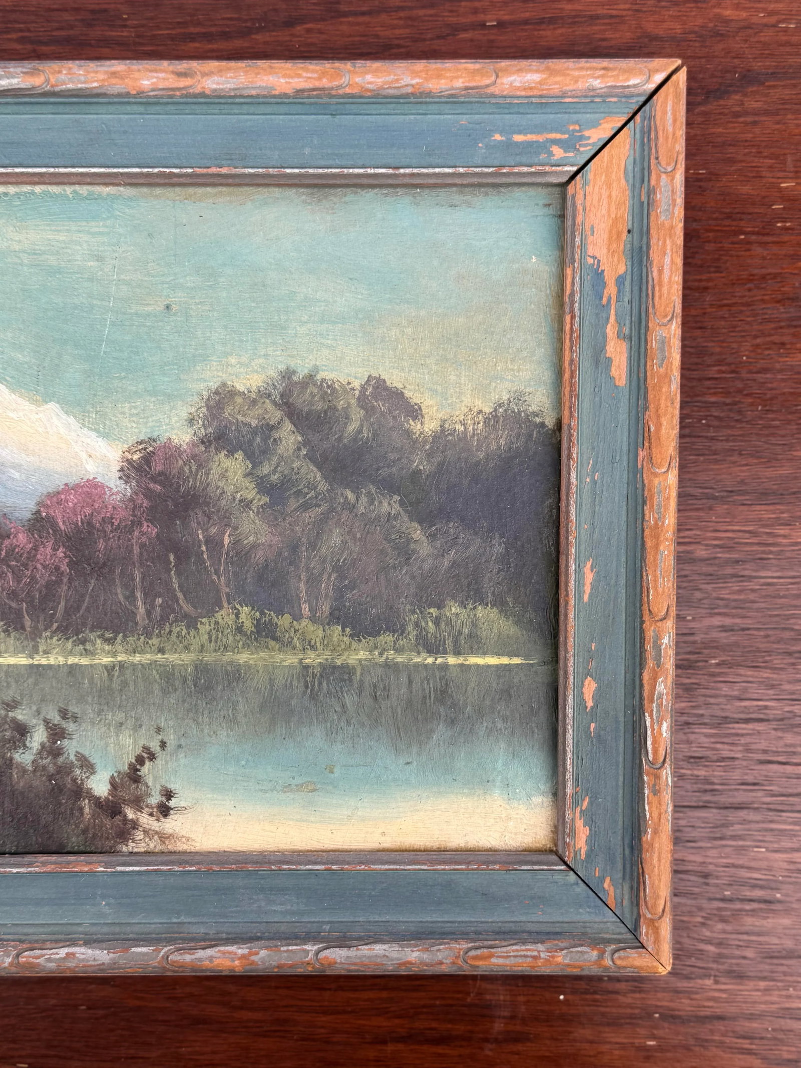 Antique Hand-Painted Landscape Oil Painting – Rustic Mountain Scene in Distressed Wood Frame - 2