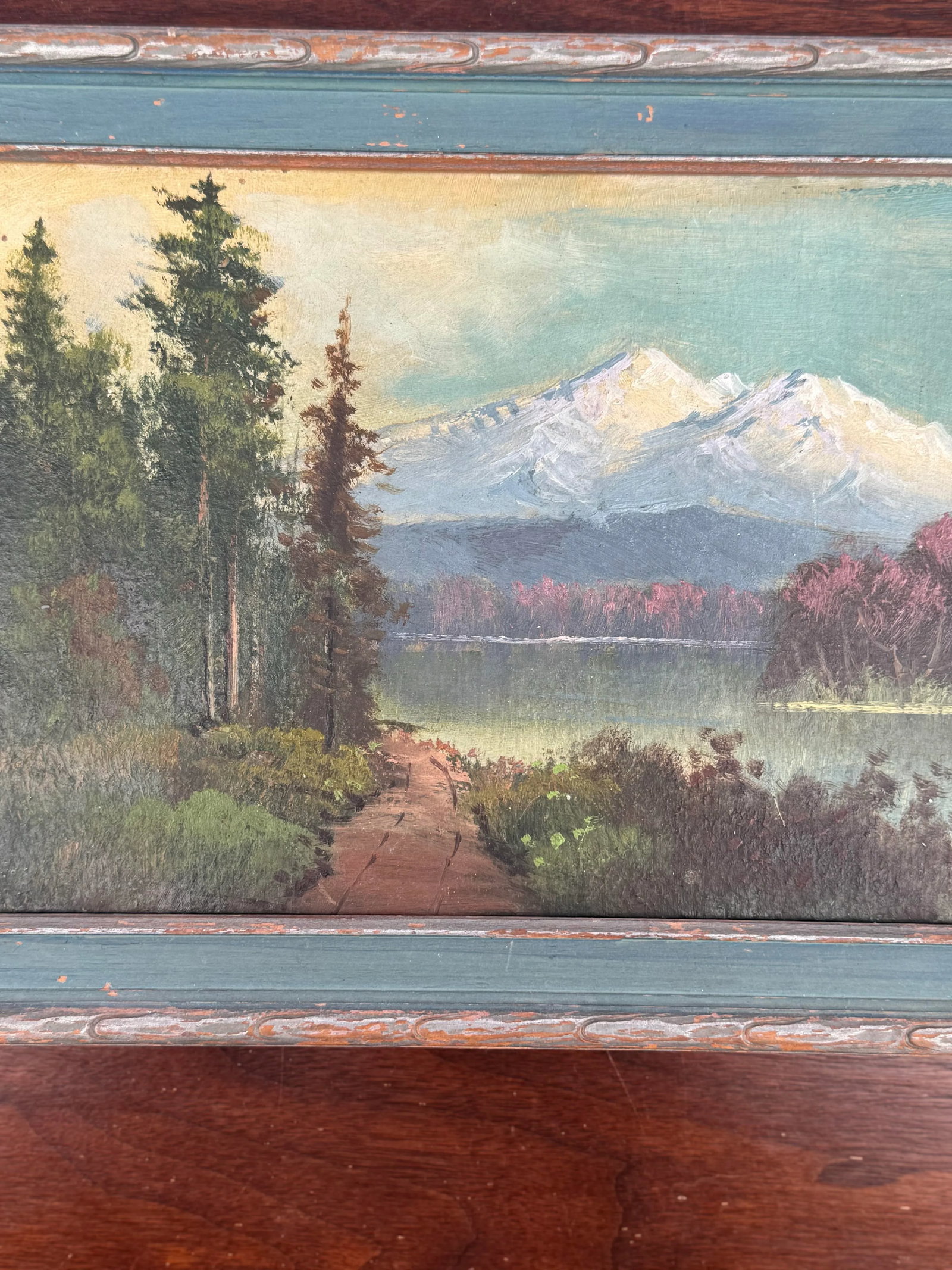 Antique Hand-Painted Landscape Oil Painting – Rustic Mountain Scene in Distressed Wood Frame - 4