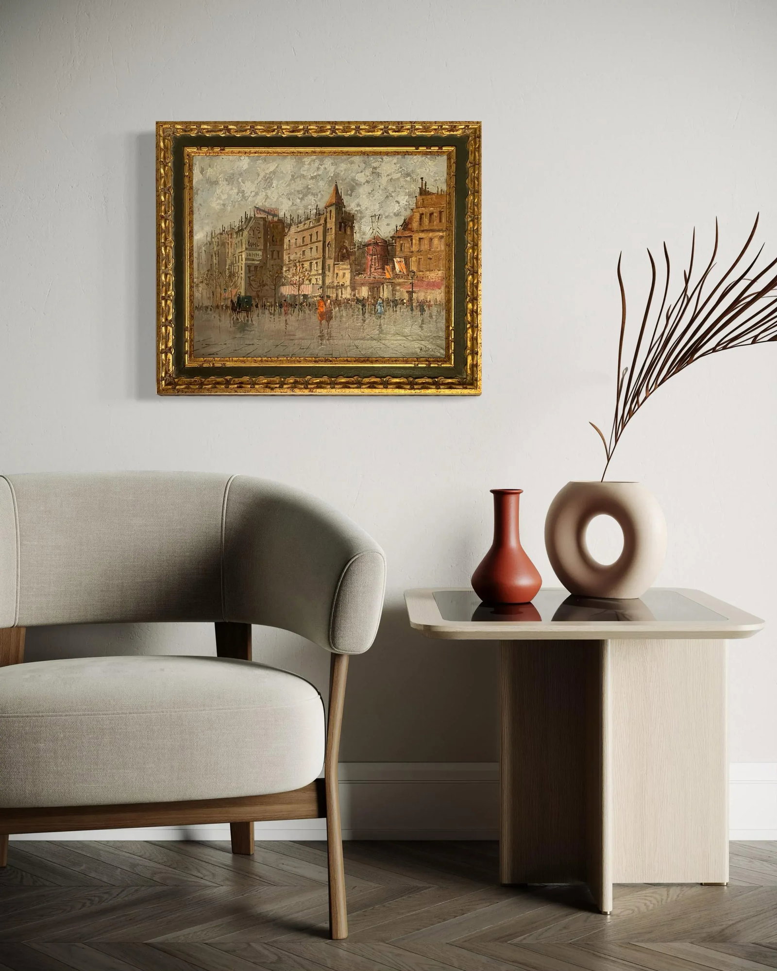 Mid 20th Century Paris Cityscape With Moulin Rouge With Horse and Carriage - 6
