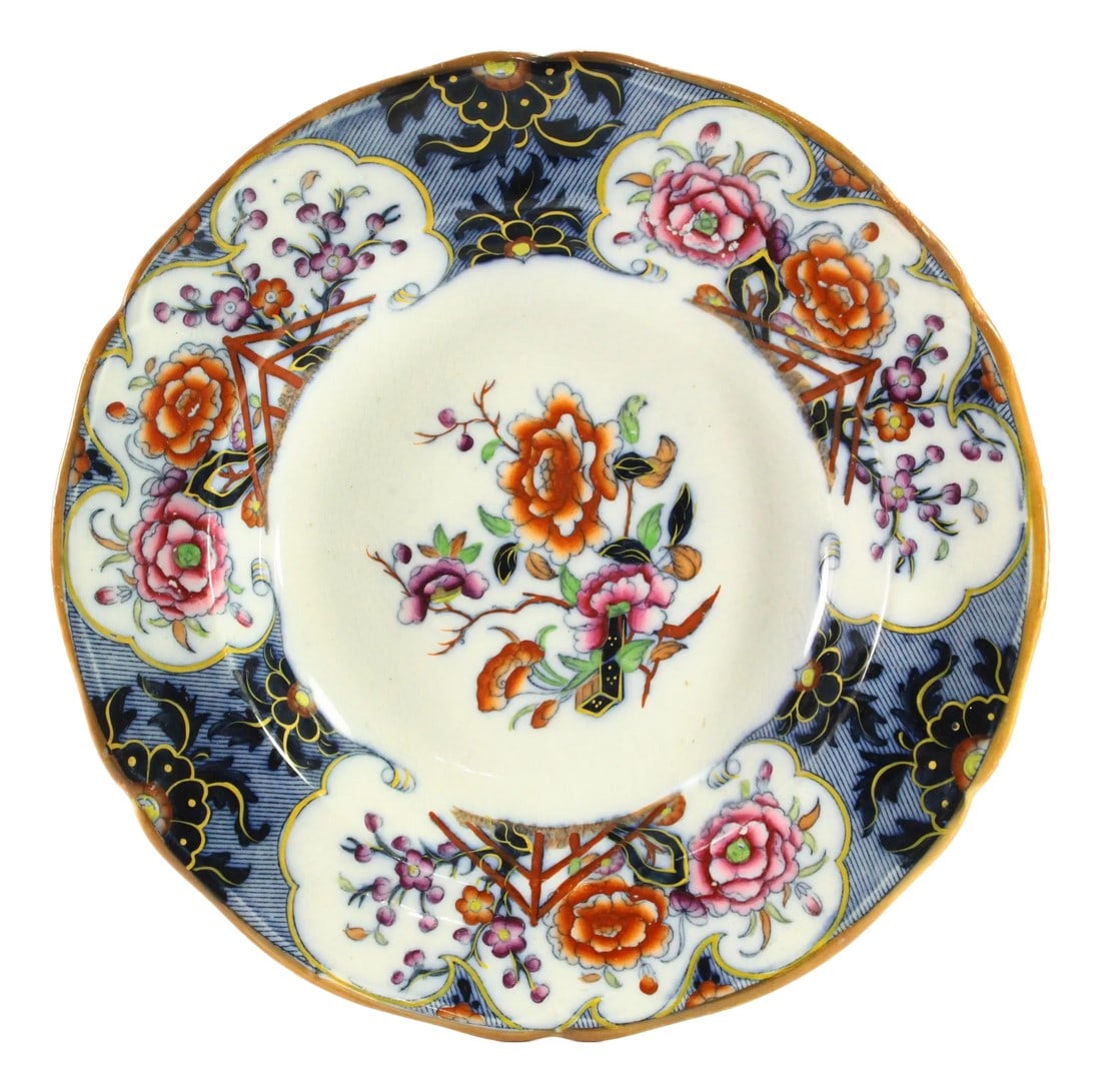 1860-1870 e.j. Ridgway Siva Pattern Hand Tinted Transfer B & W Plate: A fabulous mid 19th century soup or dinner plate Beautiful floral design in cobalt blue transfer, hand tinted over glaze with colorful enamels Made by E. J. Ridgway at the Bedford Works, Shelton,