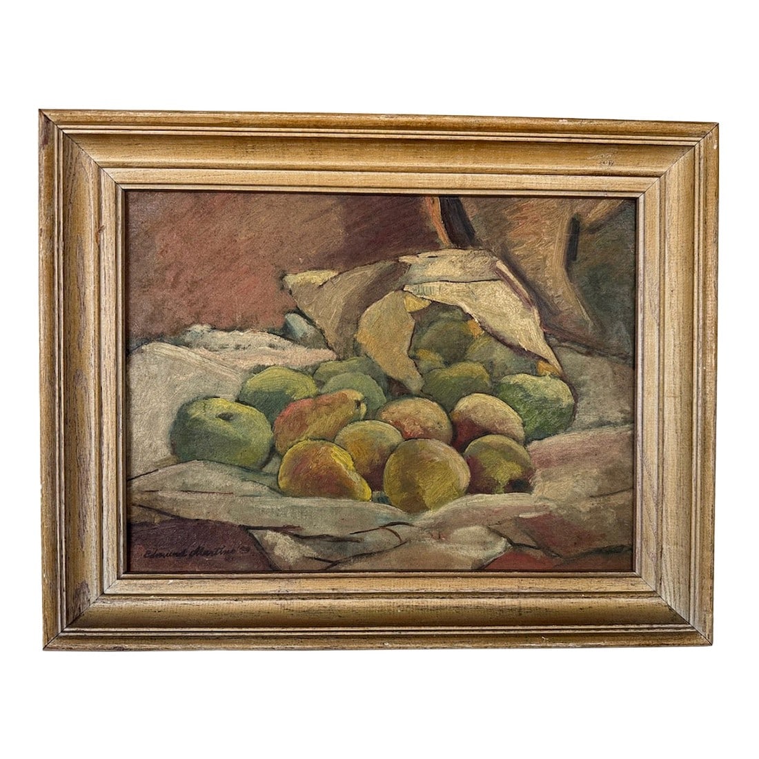 1930s Signed Vintage Oil on Board Still Life, Framed: Signed "Edmund Martino '39", vintage oil on board still life with wood frame. Excellent as-found condition. (Pears and apples) Condition: Alterations: Original Condition Unaltered Imperfections: Some