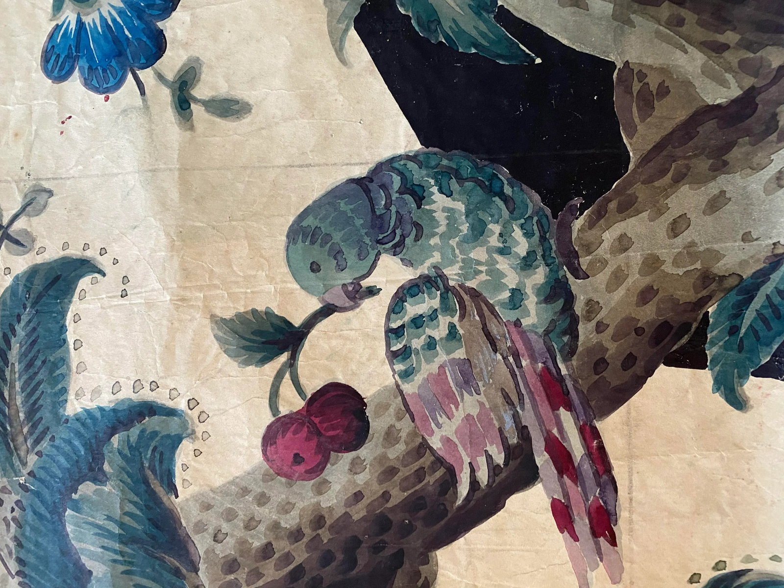 Antique Jacobean Flowers & Birds Wallpaper Artists' Rendering - 7