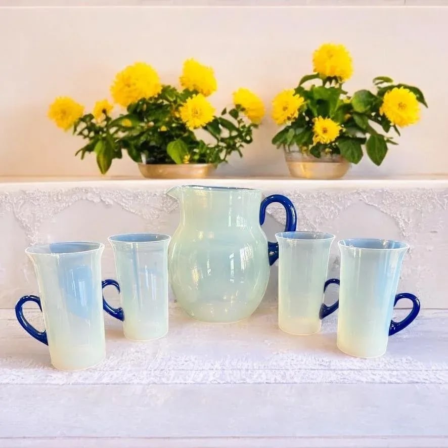 Antique 1920s Fry Foval Cobalt Blue Art Deco Opalescent Lemonade Set-5 Pieces - 2