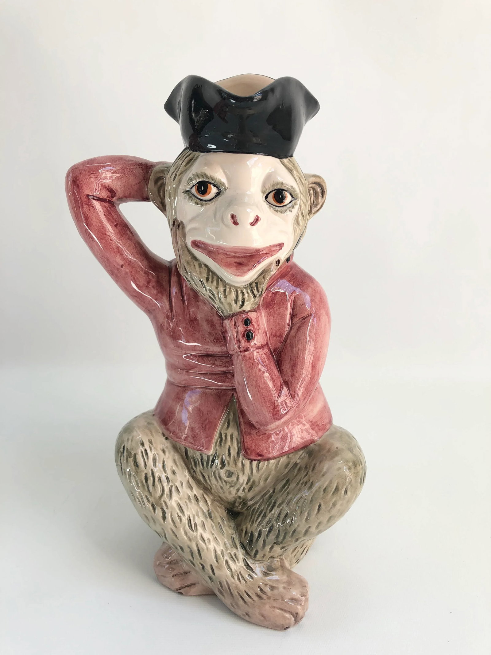 Large Vintage Mottahedeh Majolica Pink & Tan Monkey Pitcher - 2