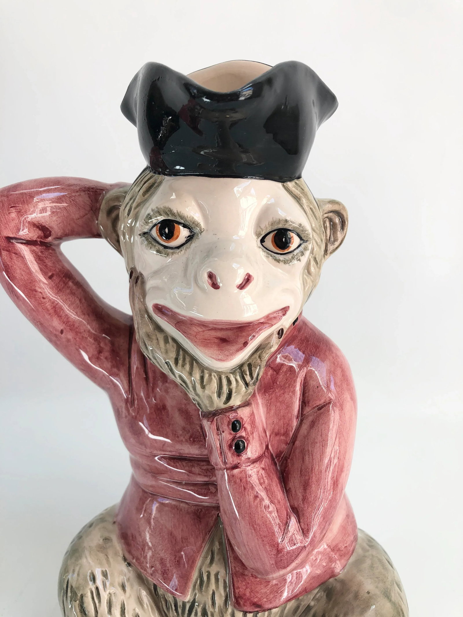 Large Vintage Mottahedeh Majolica Pink & Tan Monkey Pitcher - 3