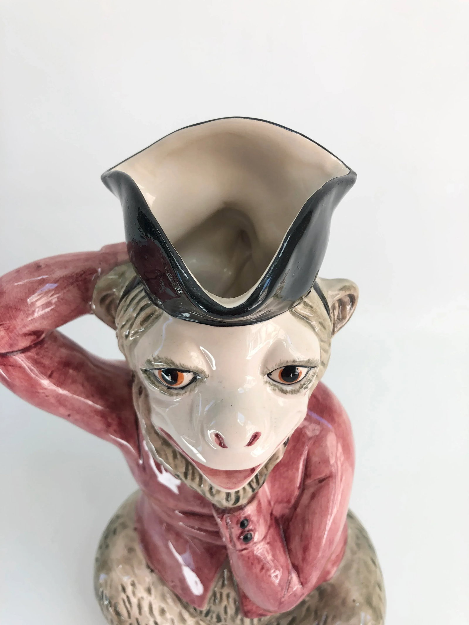 Large Vintage Mottahedeh Majolica Pink & Tan Monkey Pitcher - 4