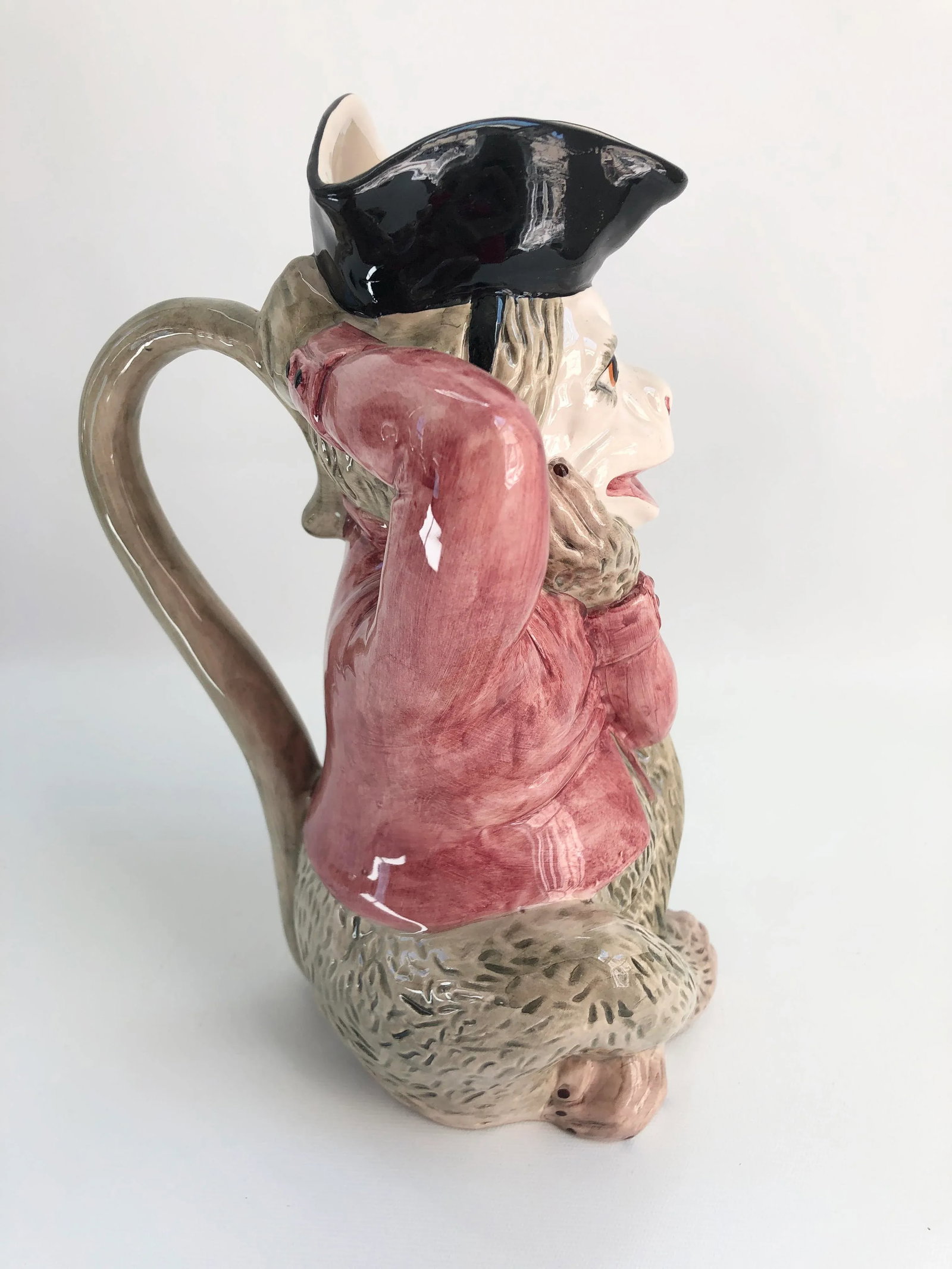 Large Vintage Mottahedeh Majolica Pink & Tan Monkey Pitcher - 5