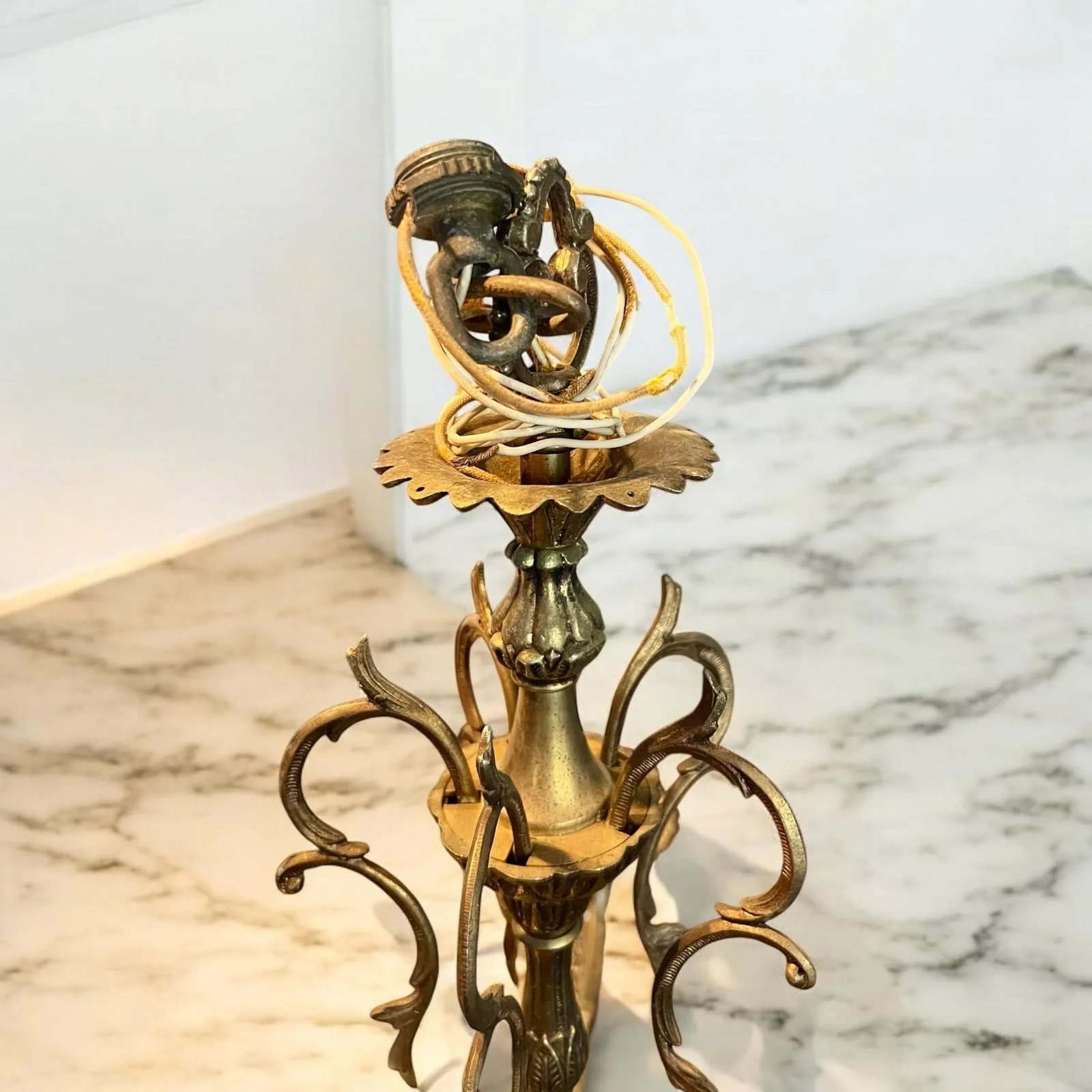 Early 20th Century French Art Nouveau Antique Brass Ornate 5 Arm Scrollwork Chandelier, Not Tested - 6