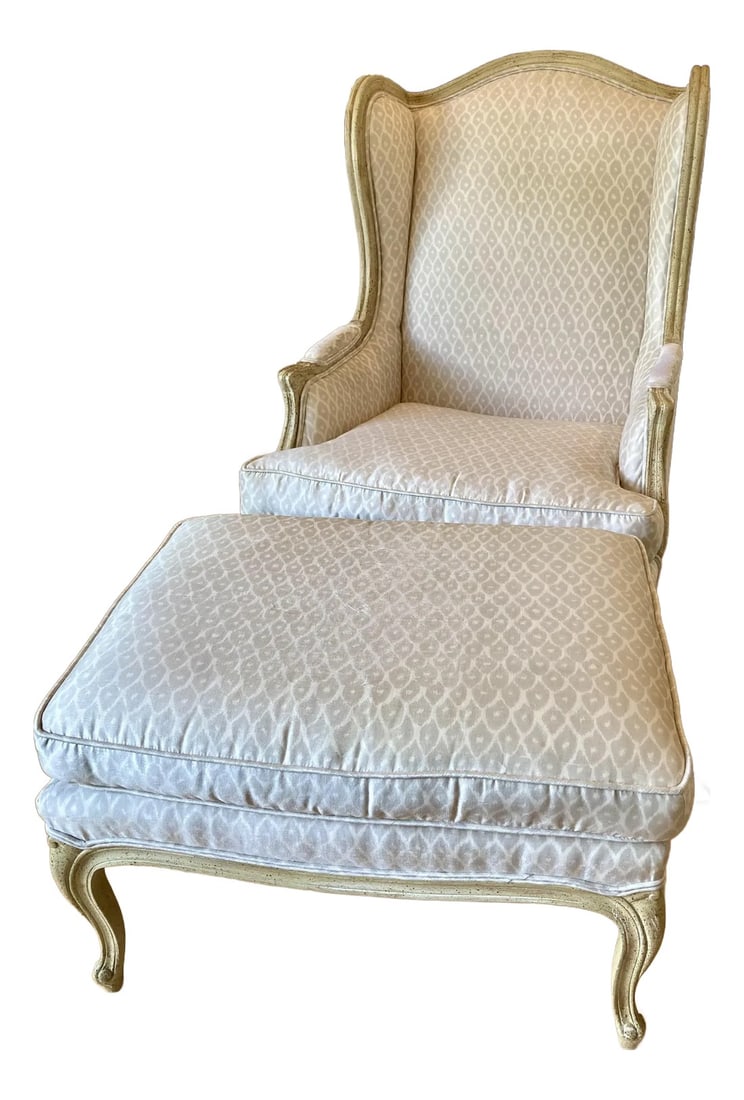 Vintage Baker French Style Wingback Chair and Ottoman: Vintage Baker Furniture Co. French Style Wingback Chair and Ottoman Set. Original. Solid wood frame, painted distressed finish, quality American craftsmanship. Baker label underneath removable chair
