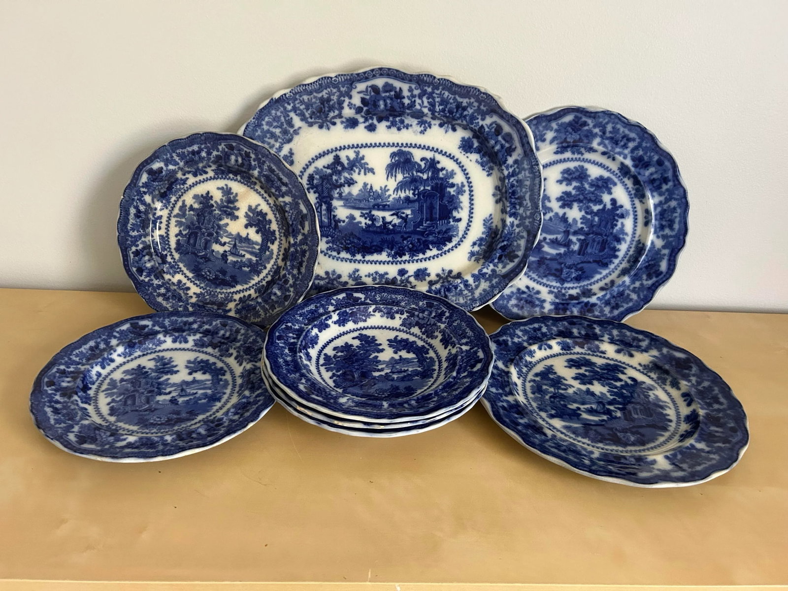 Antique 1893 Flow Blue Stoneware "Fairy Villas" Made in England by W Adams Co. -8 Pieces - 2