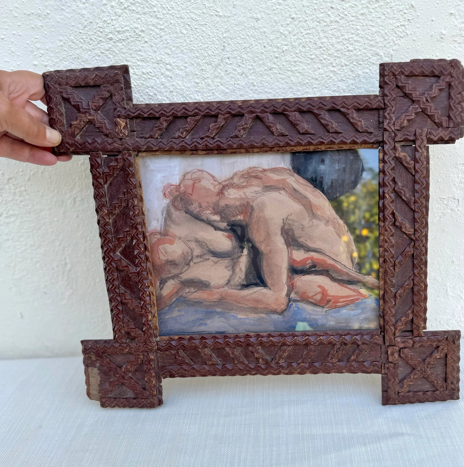 Antique Wood Tramp Art Frame With Modern Erica Everage Art Drawing-Abstracted Figurative Work on Pap - 2