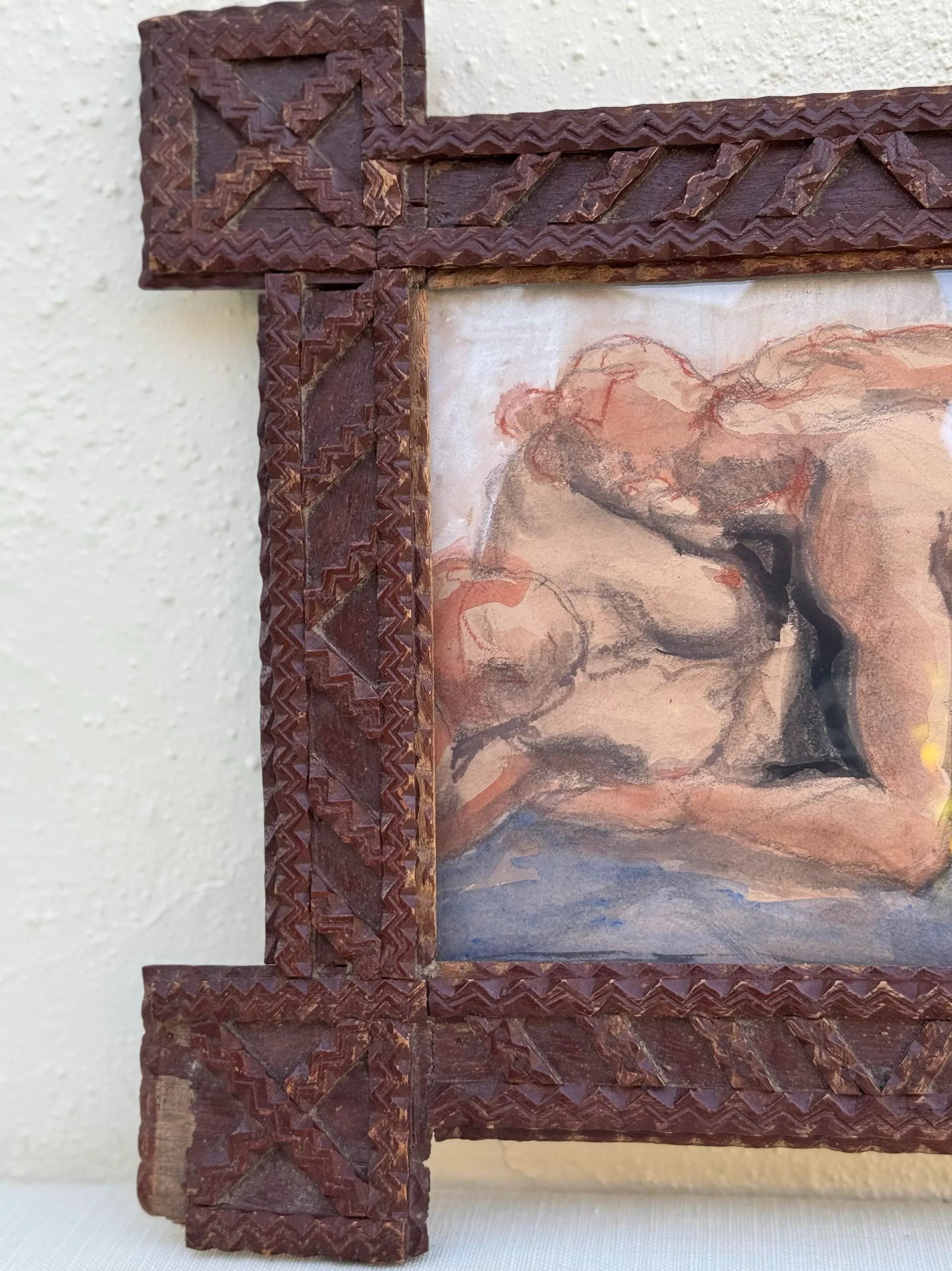 Antique Wood Tramp Art Frame With Modern Erica Everage Art Drawing-Abstracted Figurative Work on Pap - 4