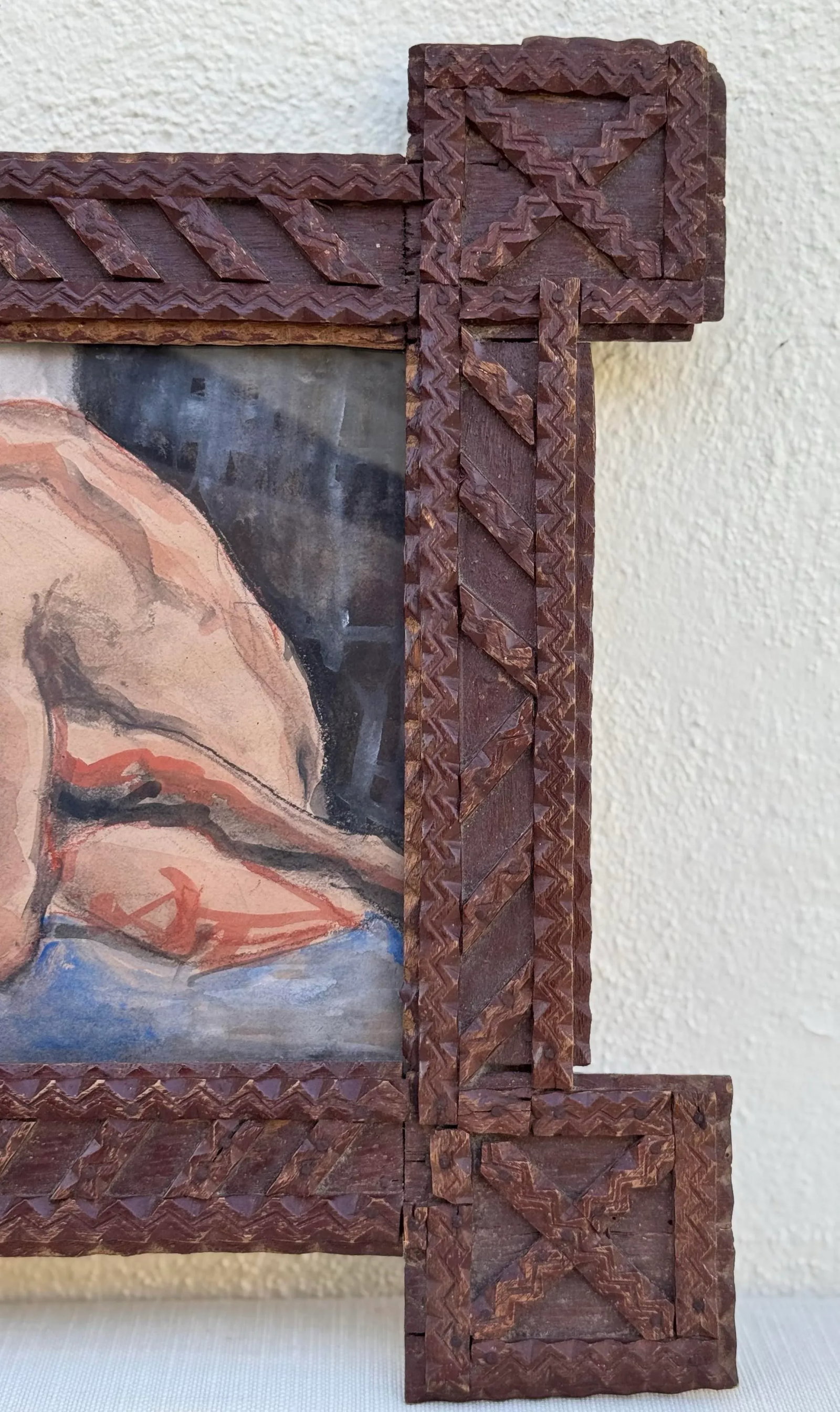 Antique Wood Tramp Art Frame With Modern Erica Everage Art Drawing-Abstracted Figurative Work on Pap - 5