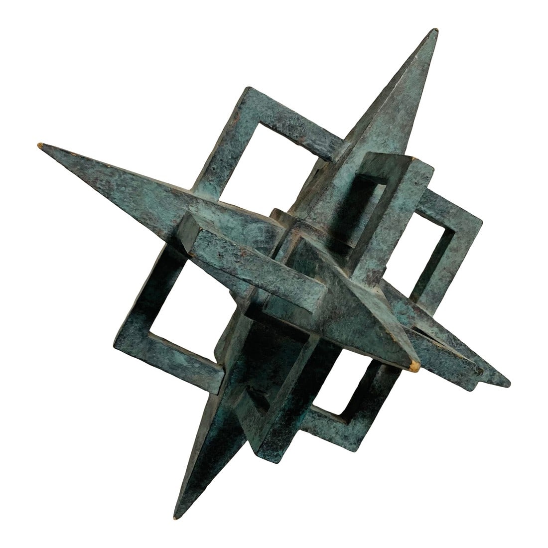 1980s Post Modern Tabletop Sculpture Accessory by Artist Michael Motta in Wood Composite Verdi Gris: Original artist prototype Graphic three dimensional tabletop brutalist sculpture verdigris painted wood composite Condition: Alterations: Original Condition Unaltered Imperfections: Some