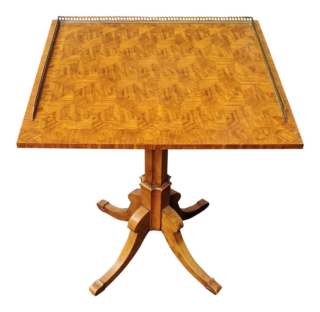 Vintage English Style Satin Wood Bronze Gallery Tilt-Top Table by Baker Furniture: A GEM for your consideration, rare example of early quality Satinwood & Walnut Tilt Top Table by Baker Furniture. Entire tilt-top table is spectacular, quality of wood and inlay design is of superb