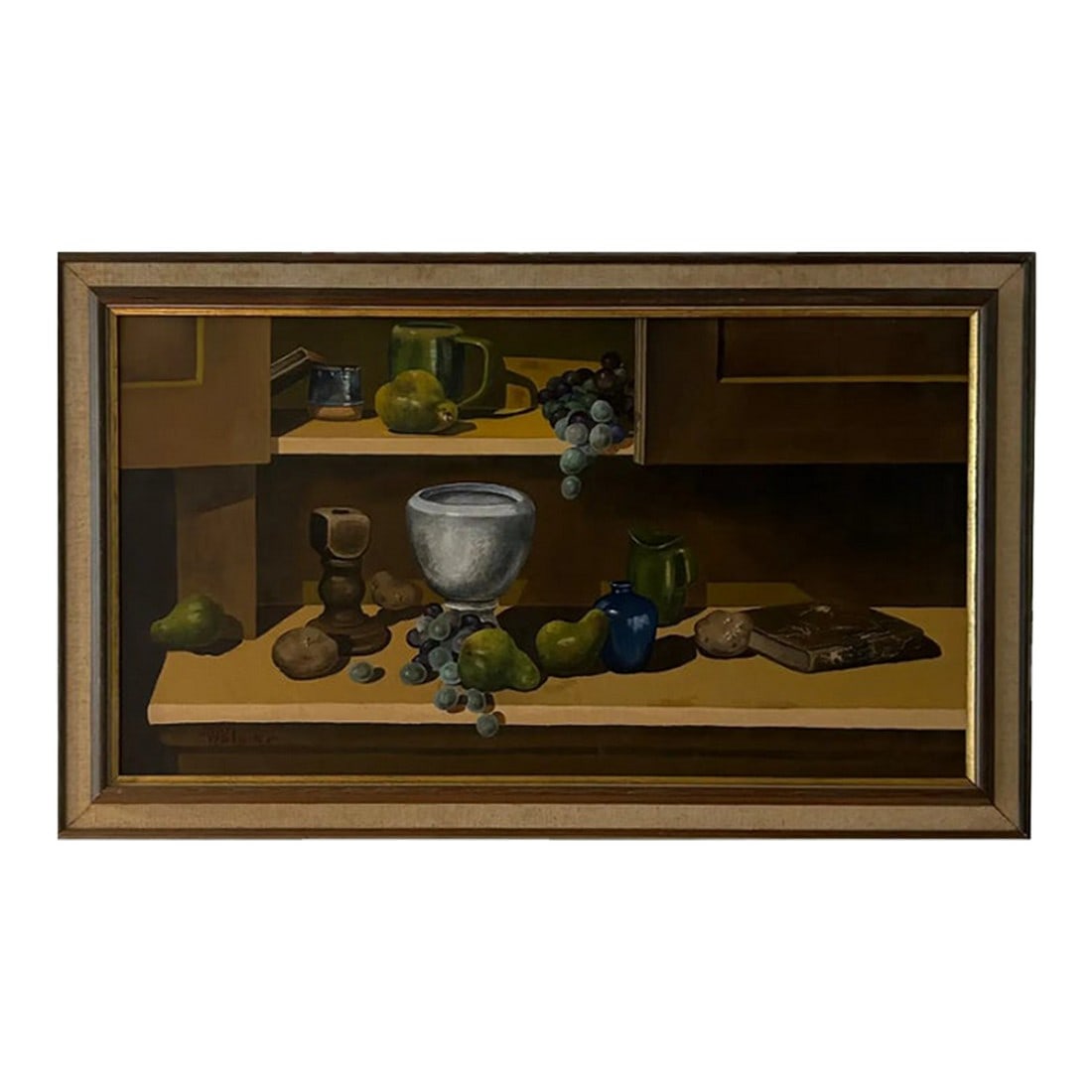 Mid Century Still Life, Framed & Signed: Still life oil trompe l'oeil painting. Signed Palmer, lower left corner. Still life depicting an assortment of tablescape items including fruits and cups. Framed and matter. In good condition.