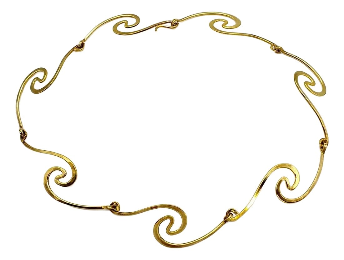 Spiral Gold Neck Piece, Modernist Gerhard Herbst Studio Linking Collar, Vintage: Spiral Neck piece is hand constructed from seven individually hand forged Silver components which are then Gold plated. This piece has been in our storage vaults since its initial production in the