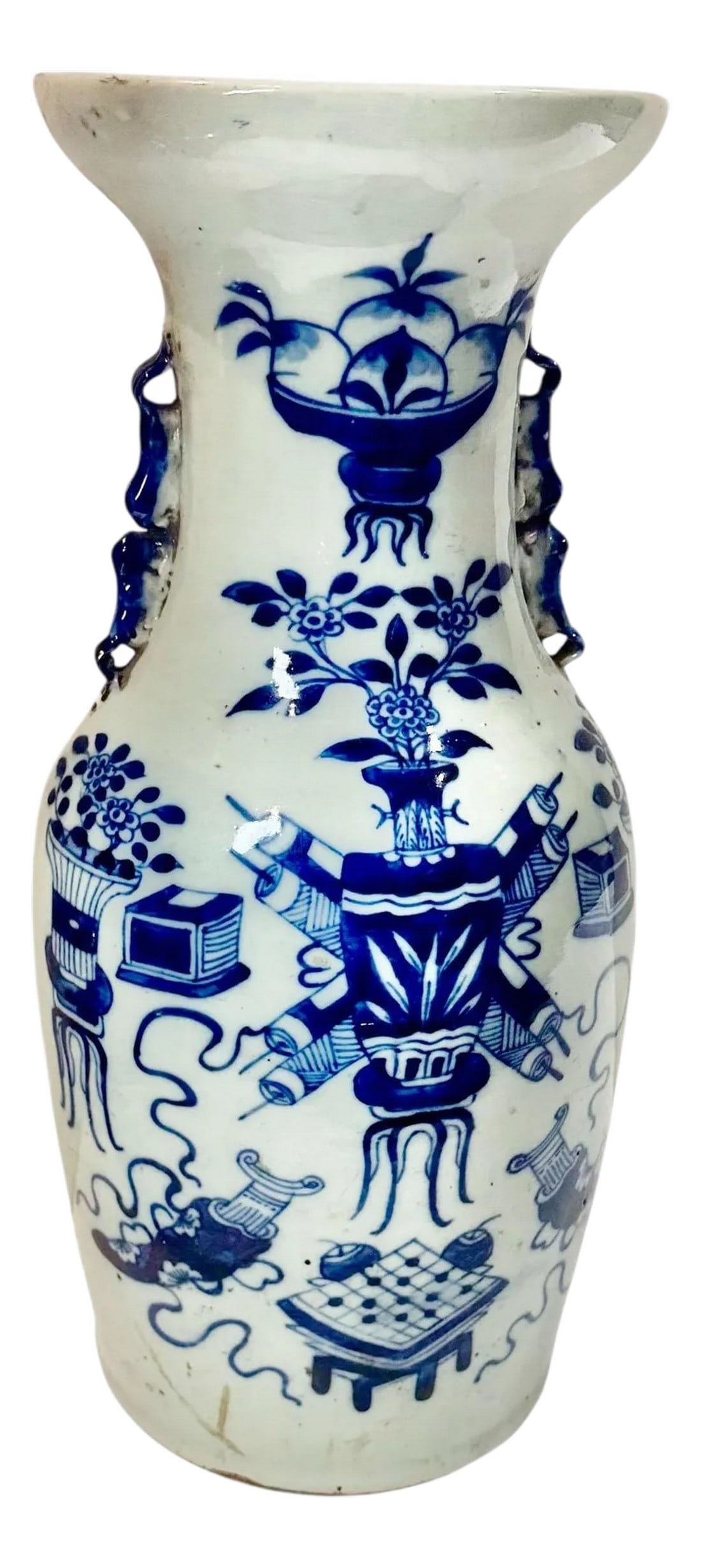 19th Century Chinese Blue and White Vase With Celadon Cast and Foo Dog Handles: A graceful 19th century Chinese blue and white porcelain vase with a subtle celadon cast to the glaze, adding depth and softness to the overall tone. The form is flanked by a pair of sculpted foo