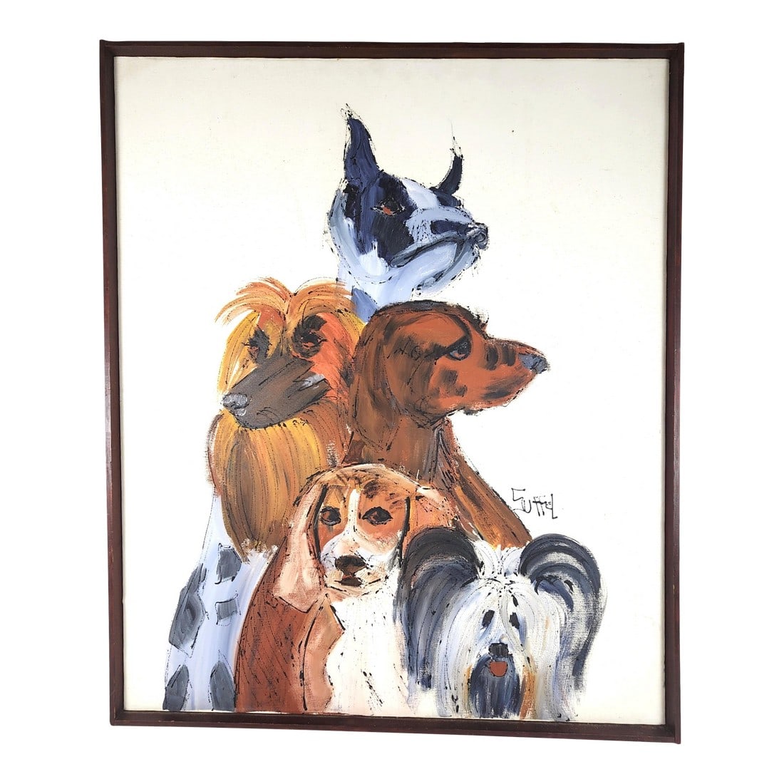 Dog Portrait by Suffel – Abstract Pup With Painterly Pedigree: Add charm, character, and a touch of canine mischief to your gallery with this delightful oil on canvas by Catherine Heno Suffel. Measuring an impressive 37"H x 31"W x 1.5"D, this playful work