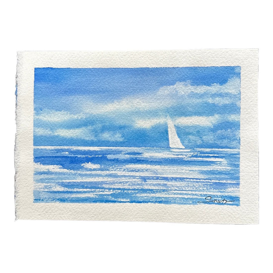 Whisper of White Original Watercolor Seascape by Nancy Smith: A serene seascape capturing the peaceful solitude of a lone sailboat drifting across calm blue waters. Soft gradients of sky and sea meet with a whisper of white sails, evoking the quiet poetry of