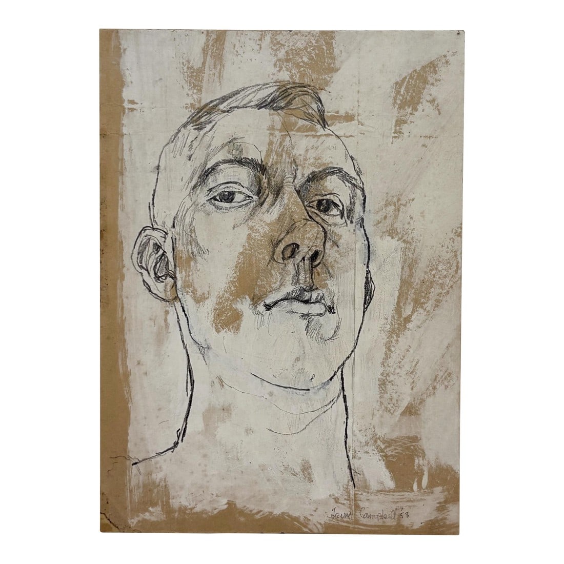 Mid-Century Modern Abstract Portrait Drawing – 1958 Signed Expressionist Artwork by Jerry: Mid-century modern portrait art collectors, this rare 1958 signed expressive drawing by California artist Jerry Campbell is a stunning example of abstract figurative minimalism from the post-war moder