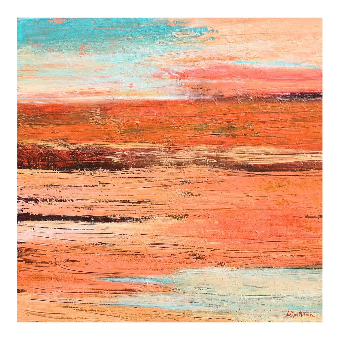 Sunburn Sizzle Abstract Landscape Painting by Laurie MacMillan: The artist is fascinated with the desert, and she created Sunburn Sizzle using acrylic paint mixed with modeling paste, which allowed for the creation of definite texture in the piece. Its varying