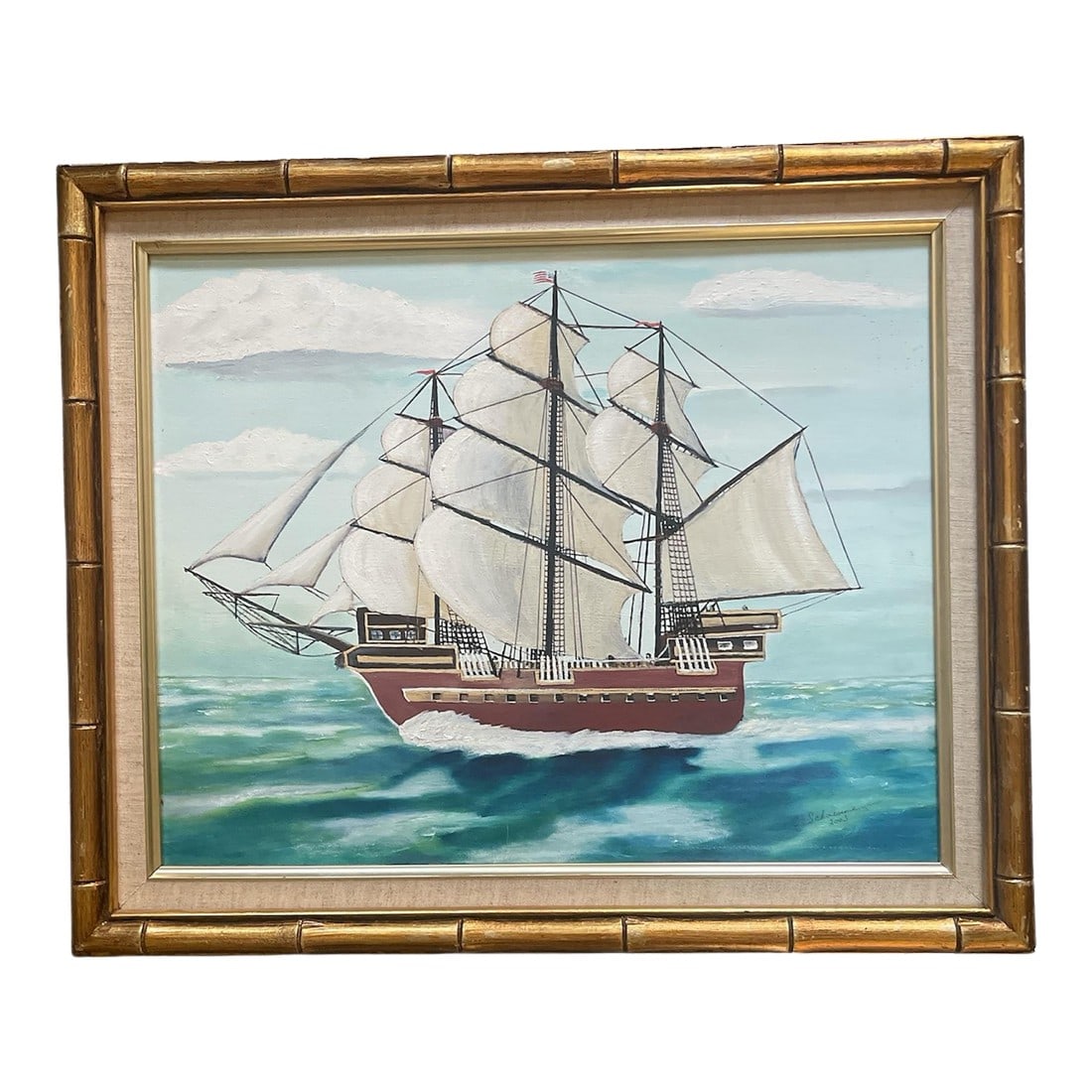 Vintage Clipper Ship in Faux Bamboo Gilded Frame: Charming vintage clipper ship oil painting on canvas framed in faux bamboo gilded frame. Condition: Alterations: Original Condition Unaltered Imperfections: Some Imperfections Condition Notes: Frame