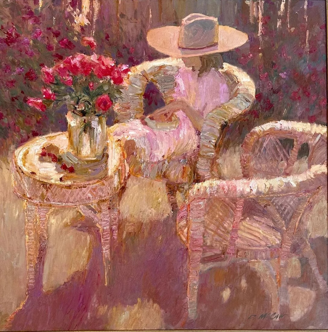 Mid 20th Century Mid Century Impressionist Oil Painting "Sunlit Woman Garden Bouquet" by Dan McC - 2