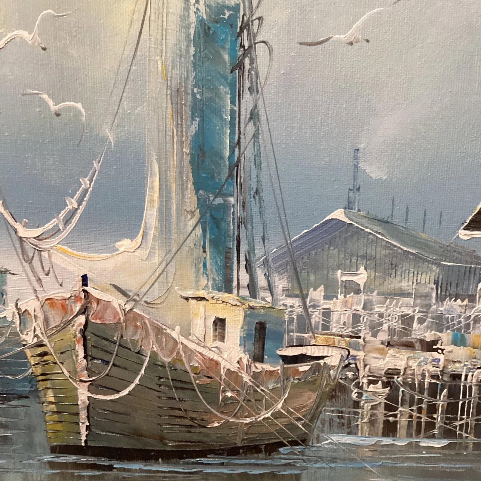 1980s Vintage Seascape Oil Painting on Canvas "Morning Boats" by K. Thomas, Framed - 10
