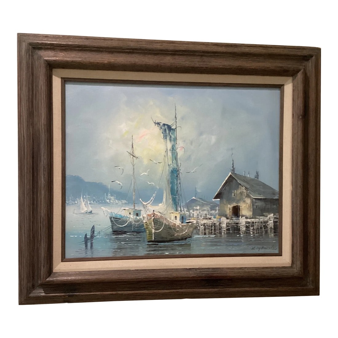 1980s Vintage Seascape Oil Painting on Canvas "Morning Boats" by K. Thomas, Framed: The product is a vintage oil painting on canvas titled "Morning Boats" by artist K. Thomas. This medium-sized seascape painting captures the beauty of the water with a focus on boats in the morning.